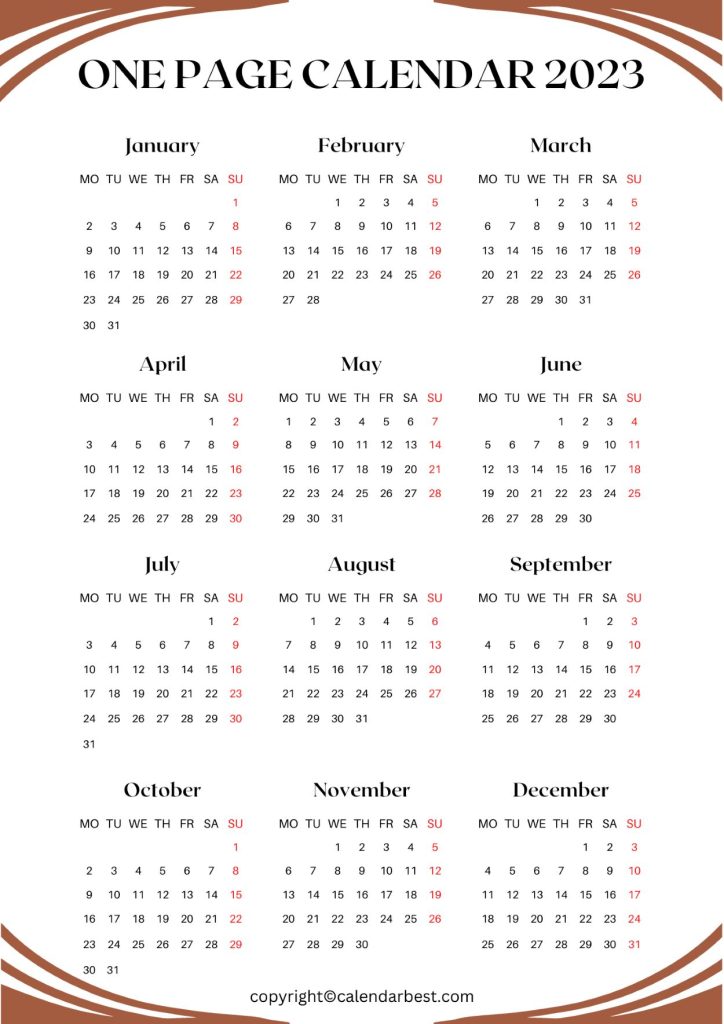 Free Printable One Page Calendar Template In Pdf