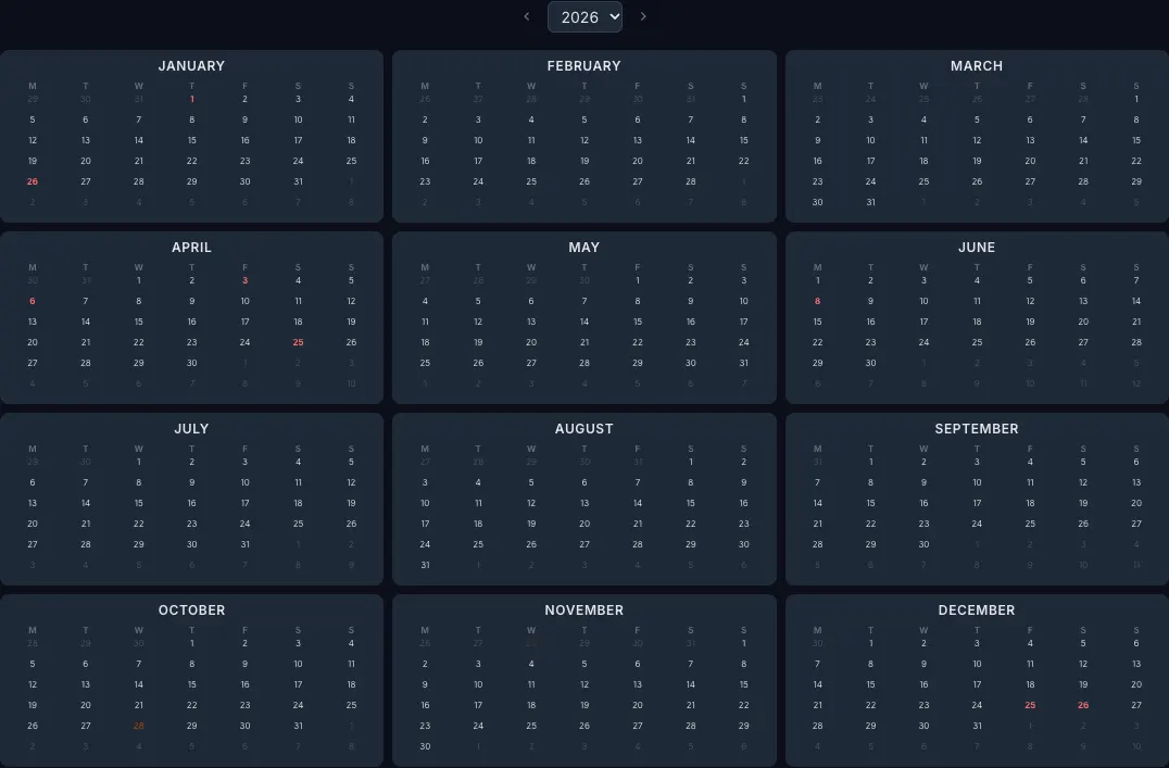 2026 year calendar with Australia public holidays highlighted in the CalendarBest builder
