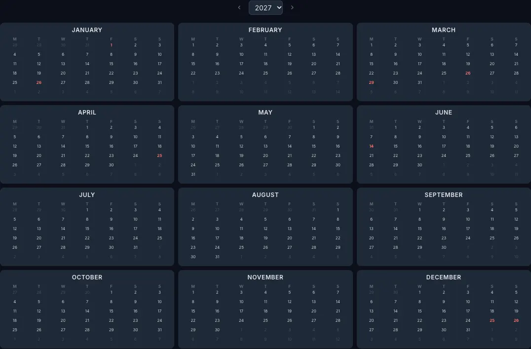 2027 year calendar with Australia public holidays highlighted in the CalendarBest builder