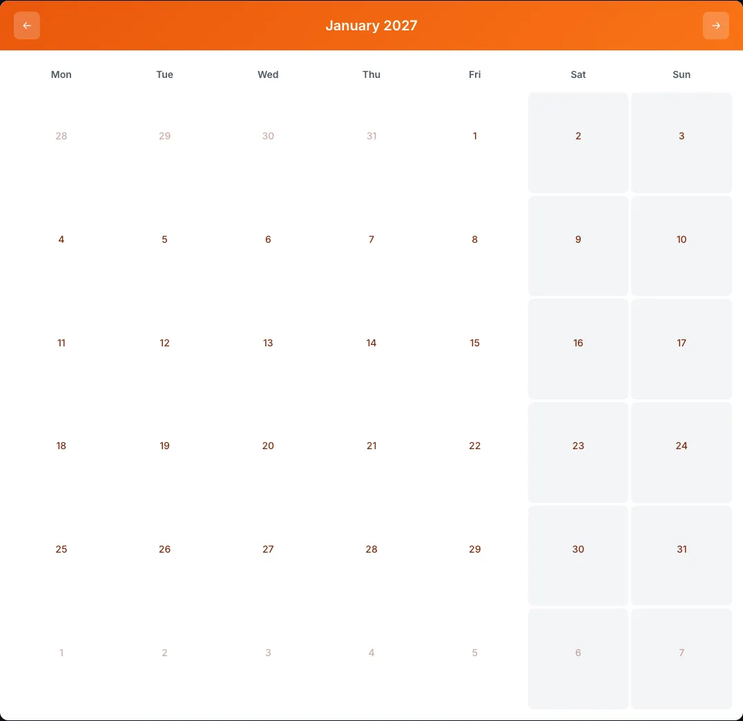 Calor do Outono modelo de calendário: grelha do mês de janeiro de 2027 no editor CalendarBest