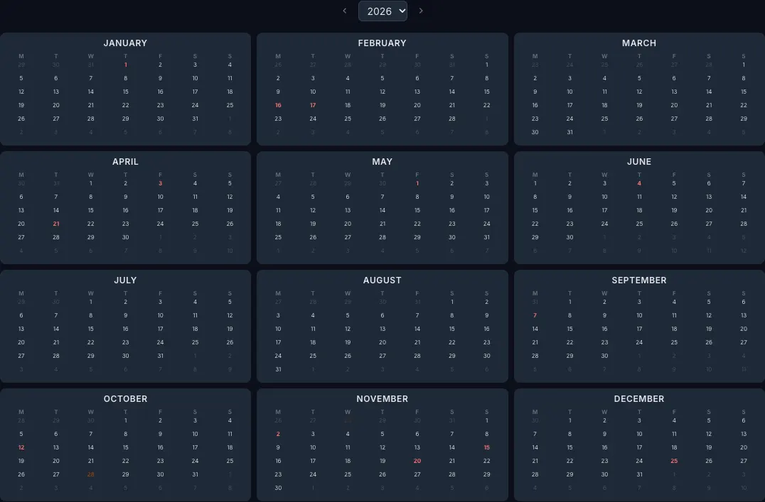 2026 year calendar with Brazil public holidays highlighted in the CalendarBest builder