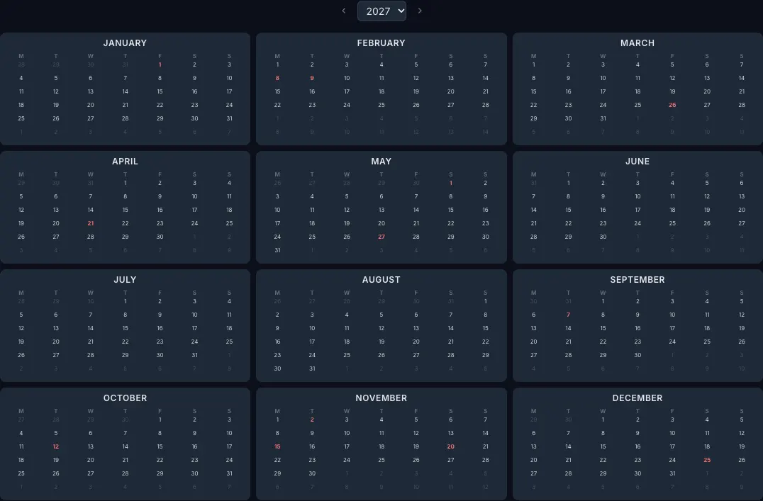 2027 year calendar with Brazil public holidays highlighted in the CalendarBest builder