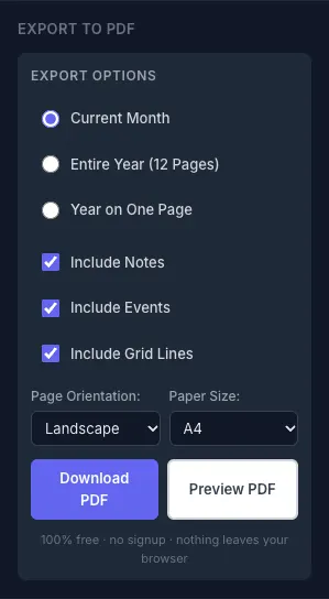 Options d’exportation PDF dans l’outil pour imprimer un calendrier : plage de mois ou d’années, papier A4, Letter ou A3 et orientation