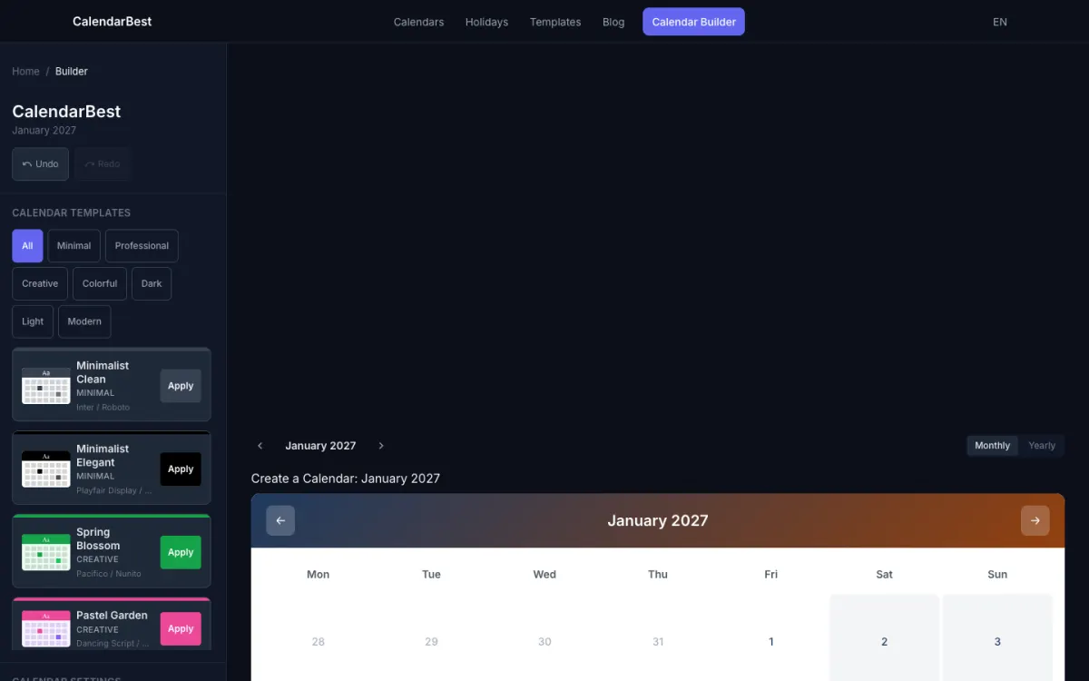 The CalendarBest calendar maker with the template sidebar and a live January 2027 month preview in the Elegant Gold theme