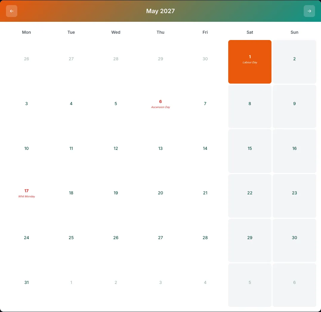 Calendrier de mai 2027 indiquant les jours fériés allemands et une semaine commençant un lundi