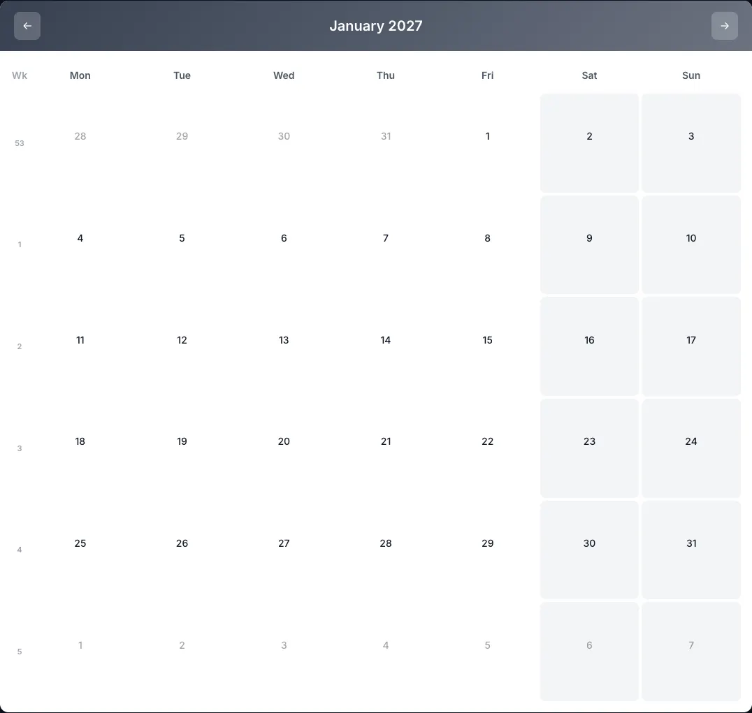Calendrier avec les numéros de semaine ISO dans une colonne à gauche de chaque semaine, ce qui est utile pour la planification hebdomadaire