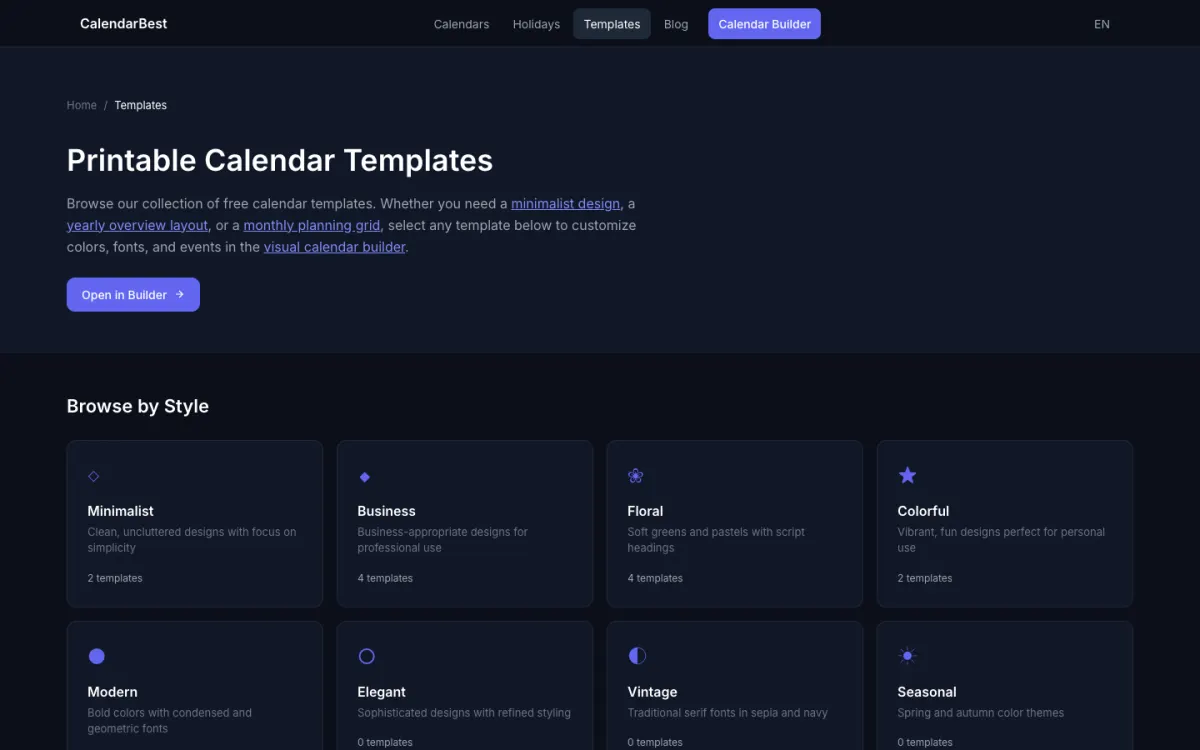 Galerie mit kostenlosen, druckbaren Kalendervorlagen auf CalendarBest, gruppiert nach Stil
