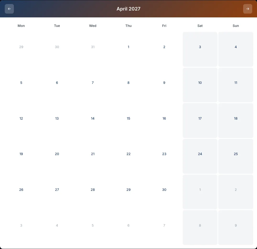 Calendrier d’avril 2027 indiquant les jours fériés du Royaume-Uni, à savoir le Vendredi saint et le lundi de Pâques