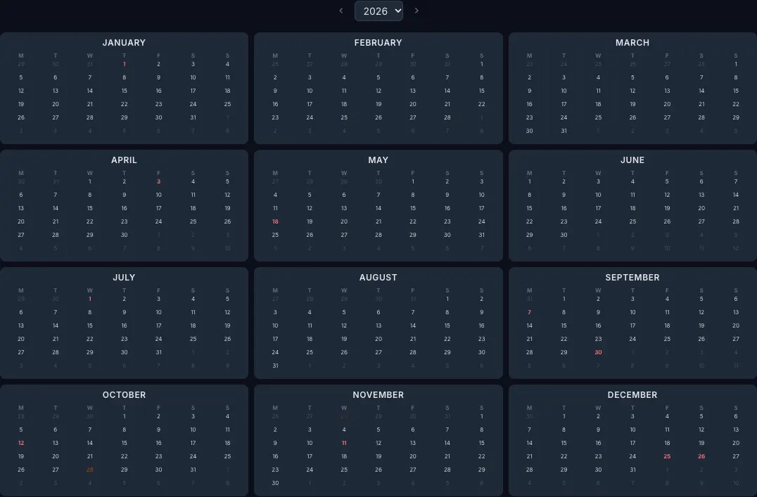 2026 year calendar with Canada public holidays highlighted in the CalendarBest builder