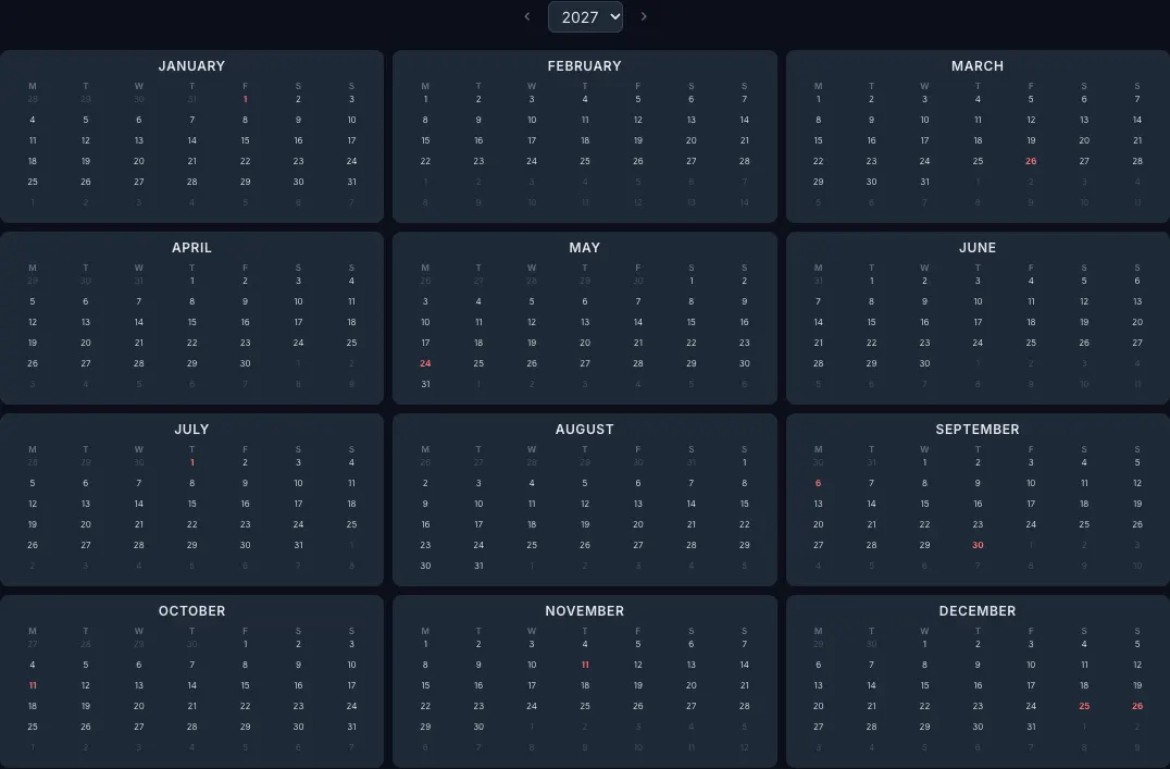 2027 year calendar with Canada public holidays highlighted in the CalendarBest builder
