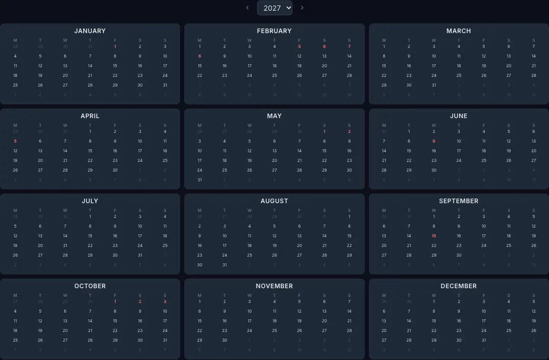 2027 year calendar with China public holidays highlighted in the CalendarBest builder