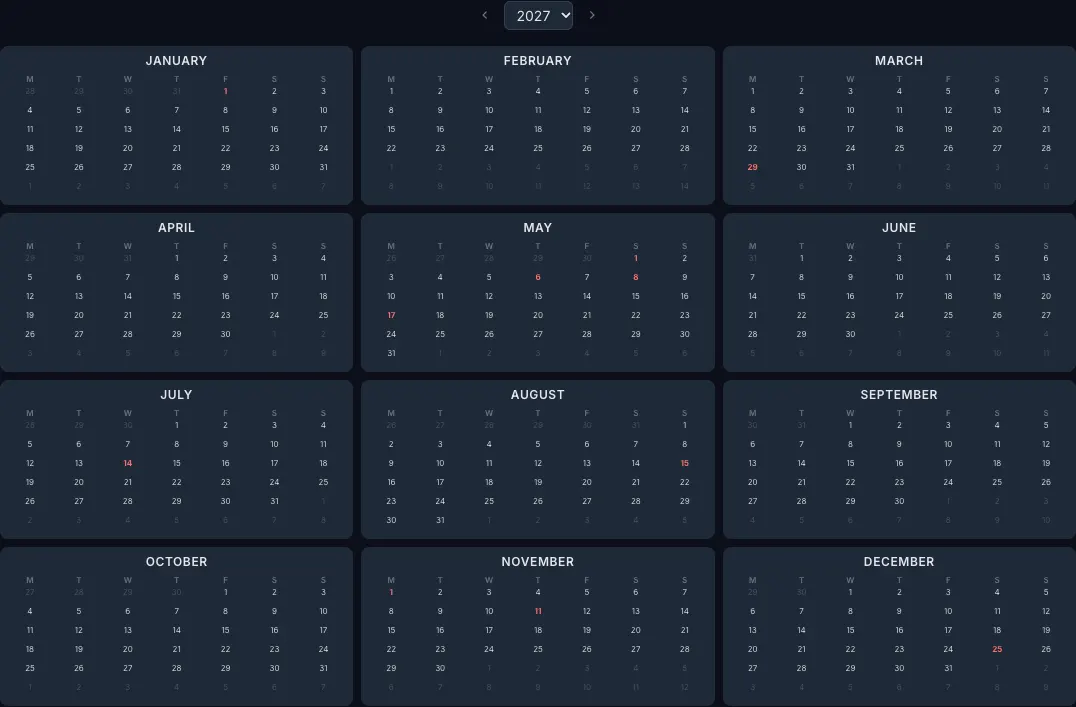 2027 year calendar with France public holidays highlighted in the CalendarBest builder