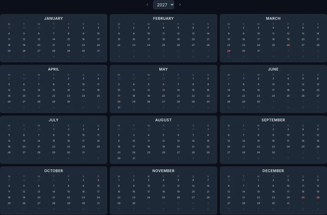 2027 year calendar with Germany public holidays highlighted in the CalendarBest builder