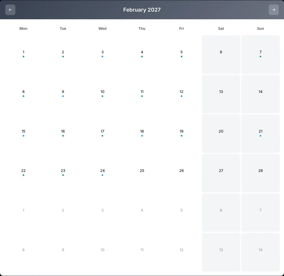Habit tracker calendar for February 2027, a 28-day month that fills exactly four weeks
