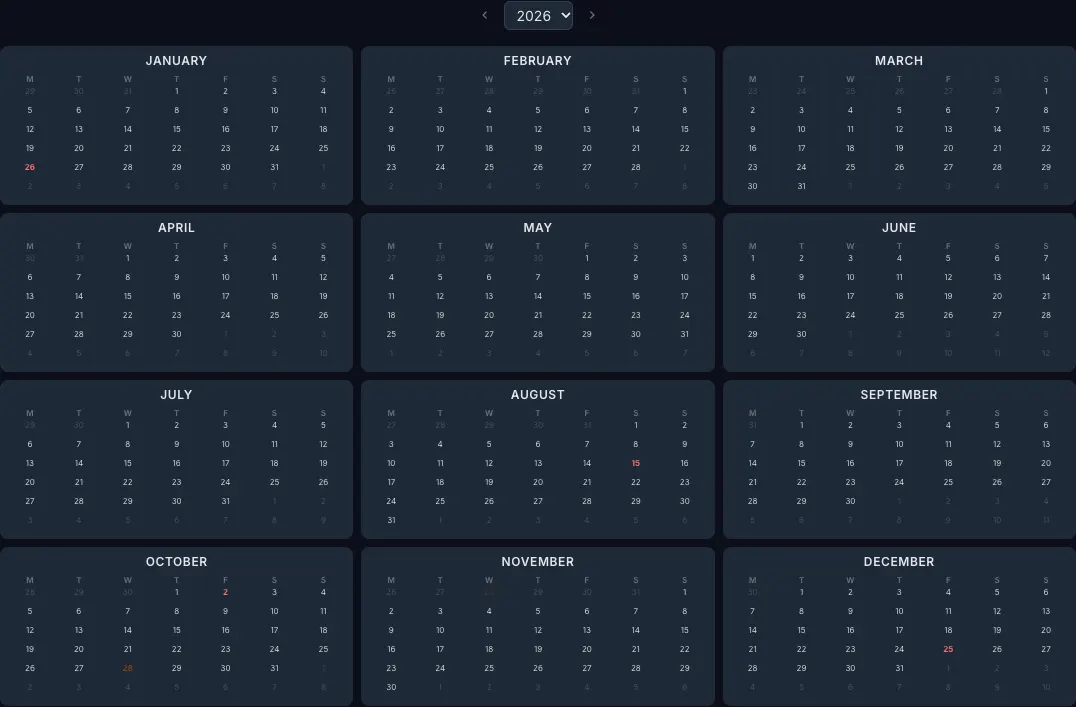 2026 year calendar with India public holidays highlighted in the CalendarBest builder