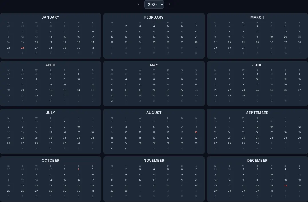 2027 year calendar with India public holidays highlighted in the CalendarBest builder