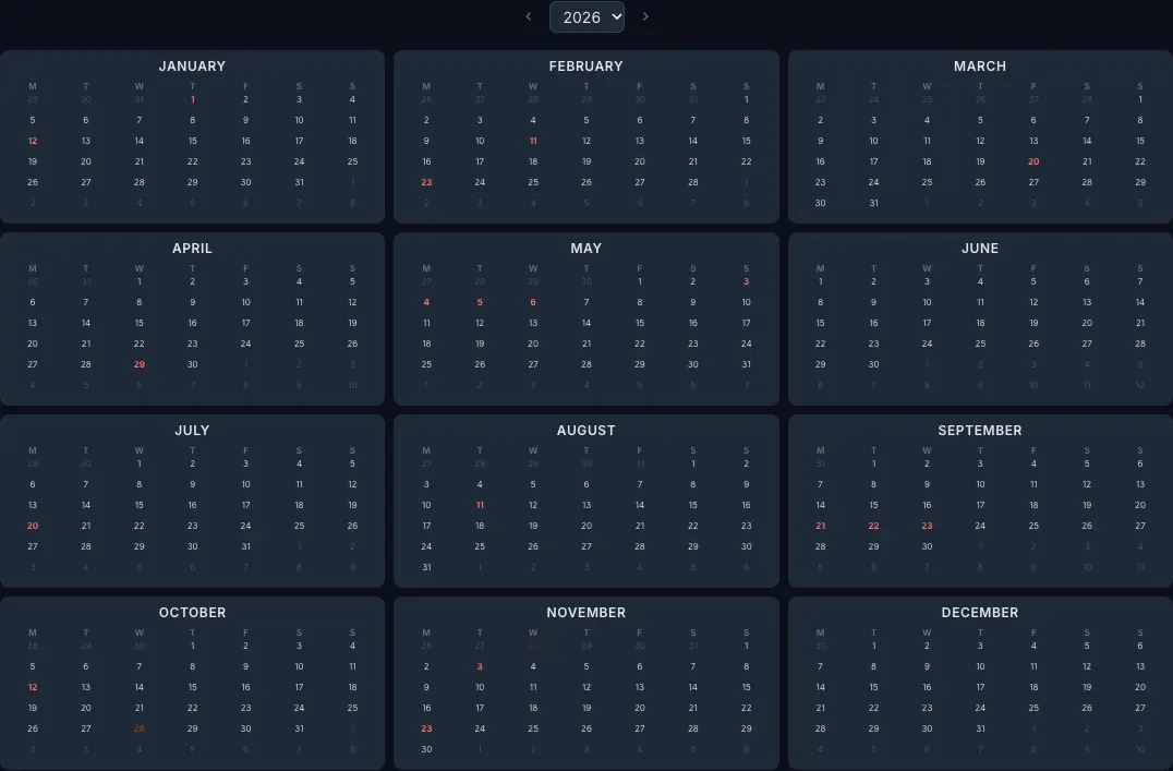 2026 year calendar with Japan public holidays highlighted in the CalendarBest builder
