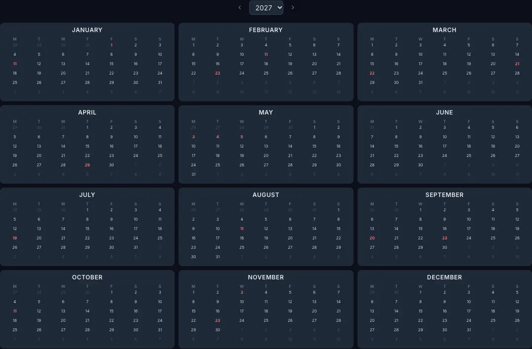 2027 year calendar with Japan public holidays highlighted in the CalendarBest builder