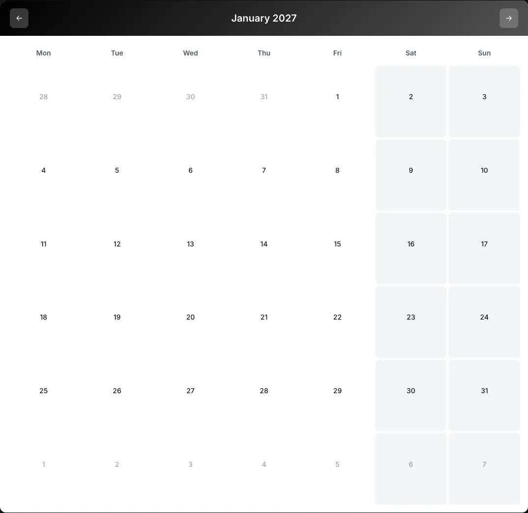 Minimalista Elegante modelo de calendário: grelha do mês de janeiro de 2027 no editor CalendarBest