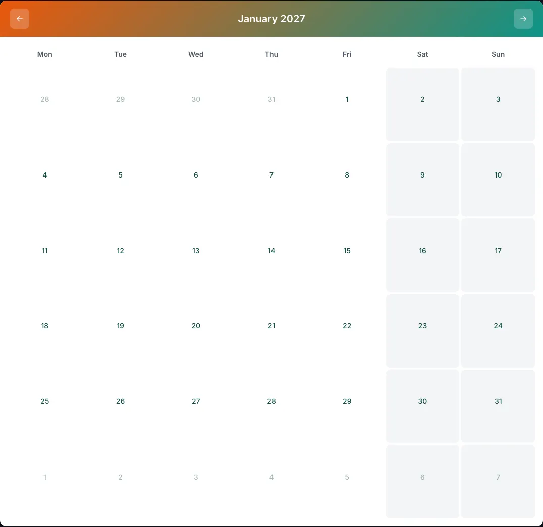 Coral e Turquesa Moderno modelo de calendário: grelha do mês de janeiro de 2027 no editor CalendarBest