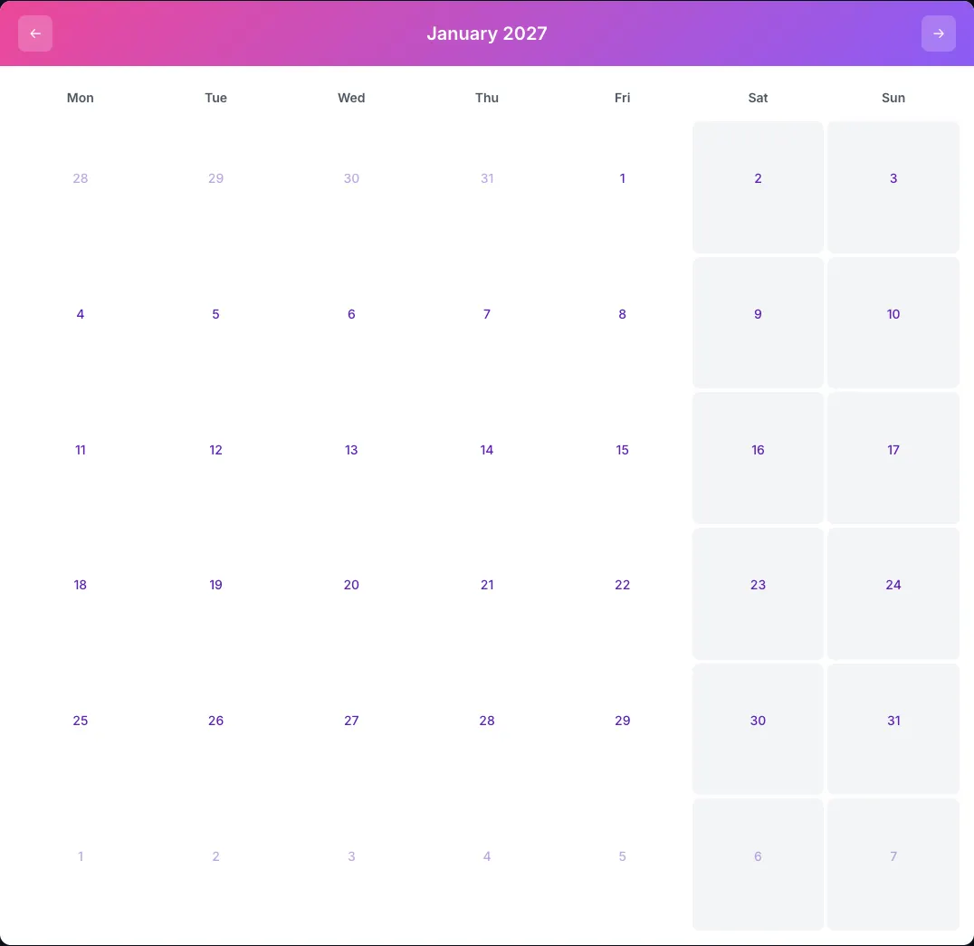 Divertido e Colorido modelo de calendário: grelha do mês de janeiro de 2027 no editor CalendarBest