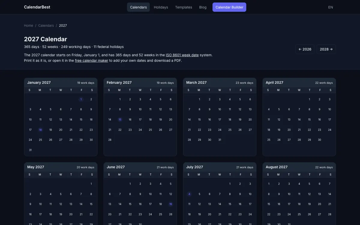 Printable 2027 calendar page on CalendarBest with all twelve months and working days per month