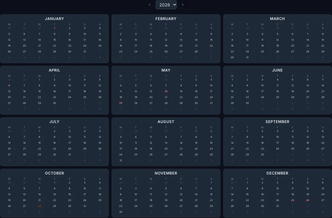 2026 year calendar with Switzerland public holidays highlighted in the CalendarBest builder