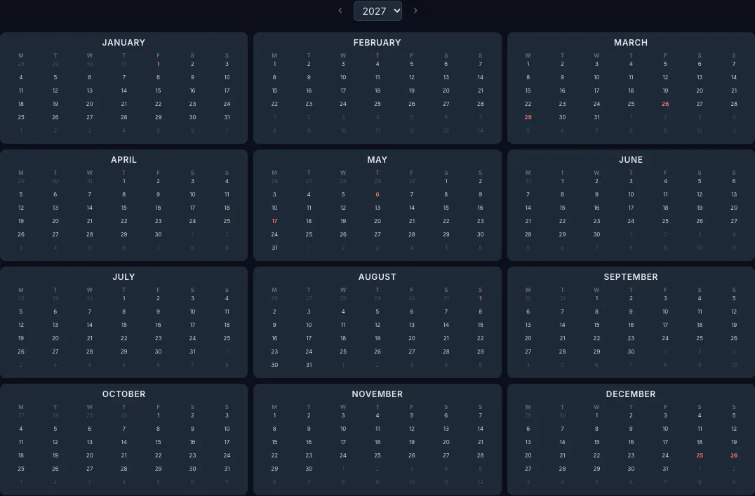 2027 year calendar with Switzerland public holidays highlighted in the CalendarBest builder
