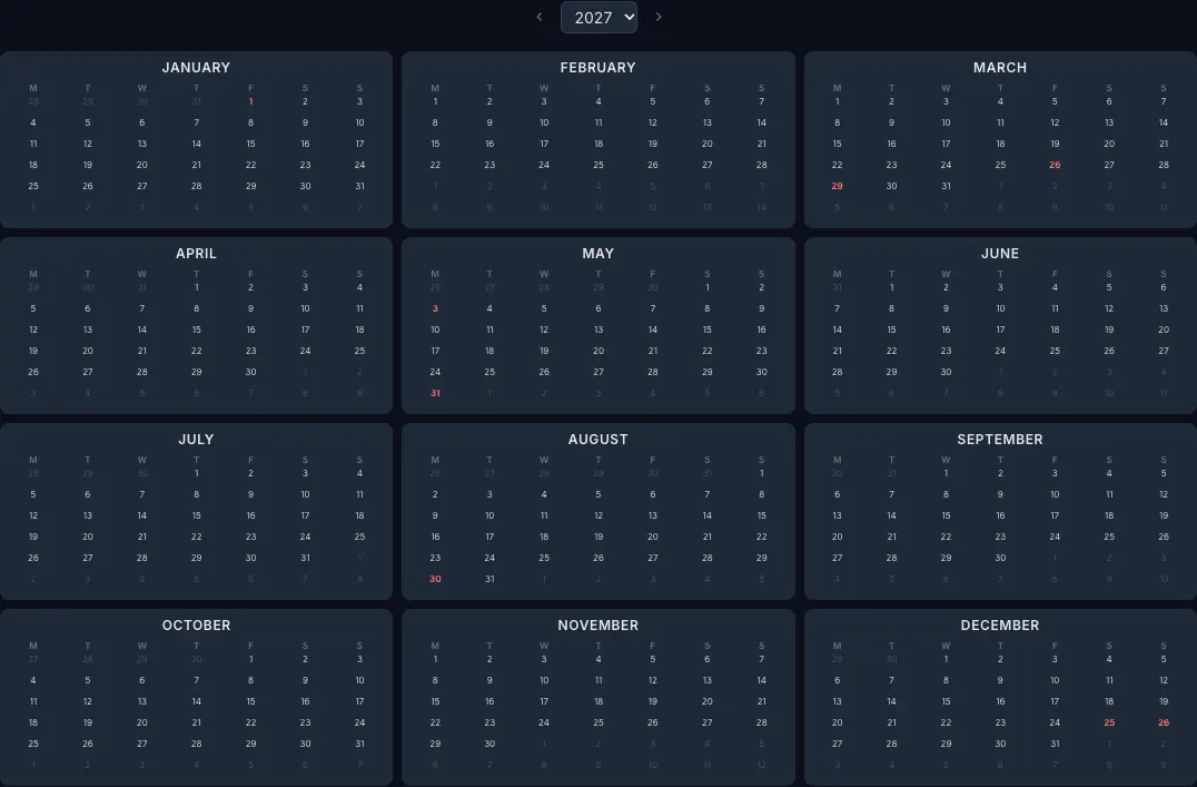 2027 year calendar with United Kingdom public holidays highlighted in the CalendarBest builder