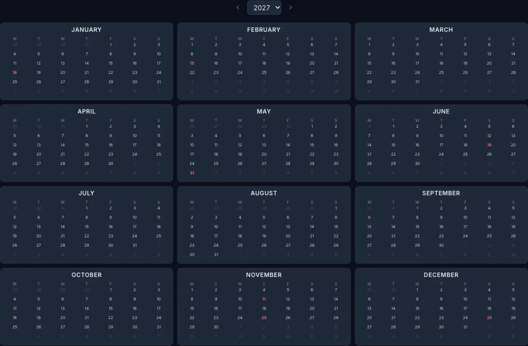 2027 year calendar with United States public holidays highlighted in the CalendarBest builder