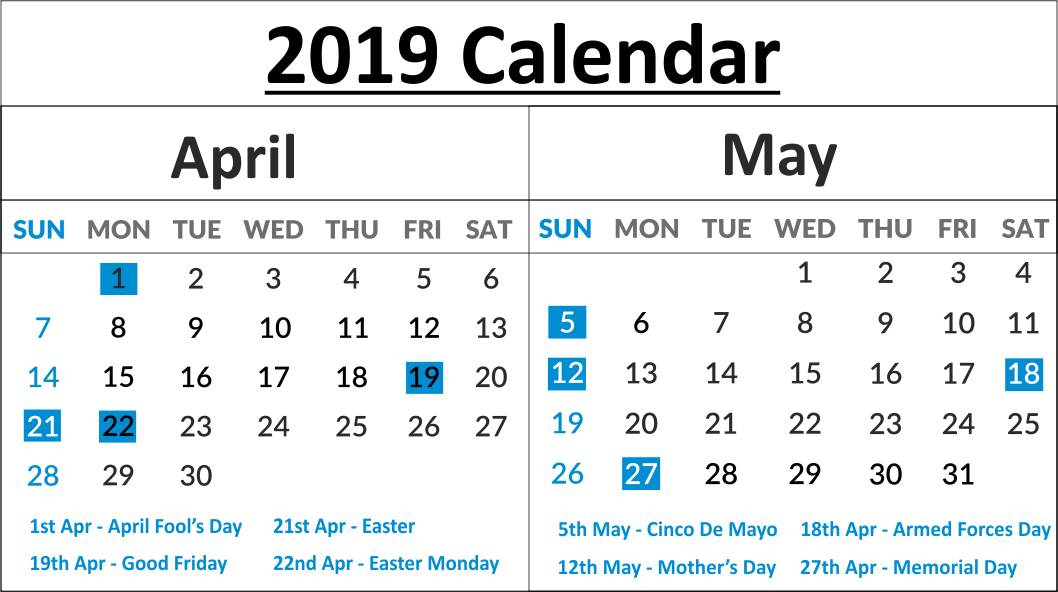 April May 2019 Calendar