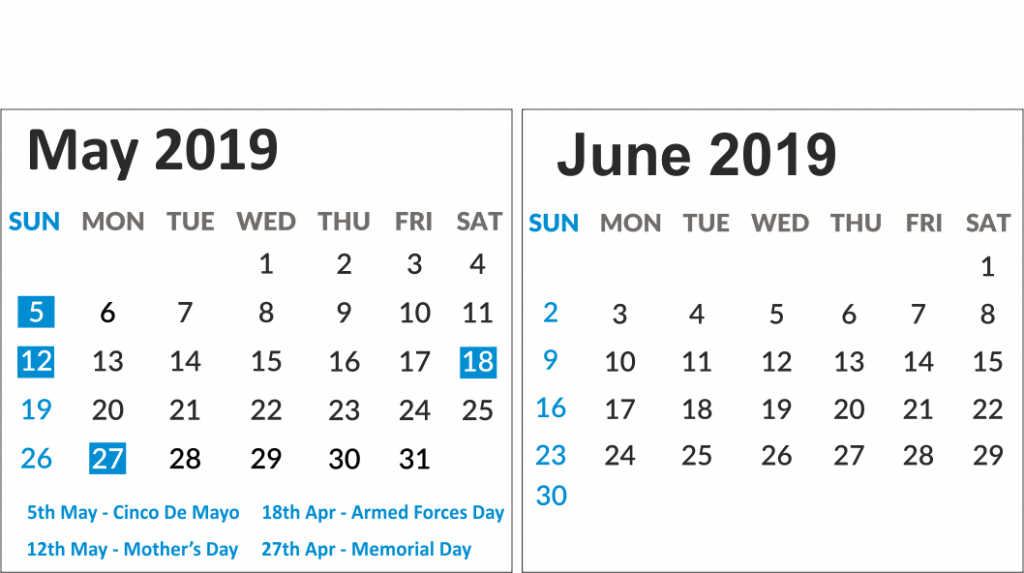 May June 2019 Printable Calendar