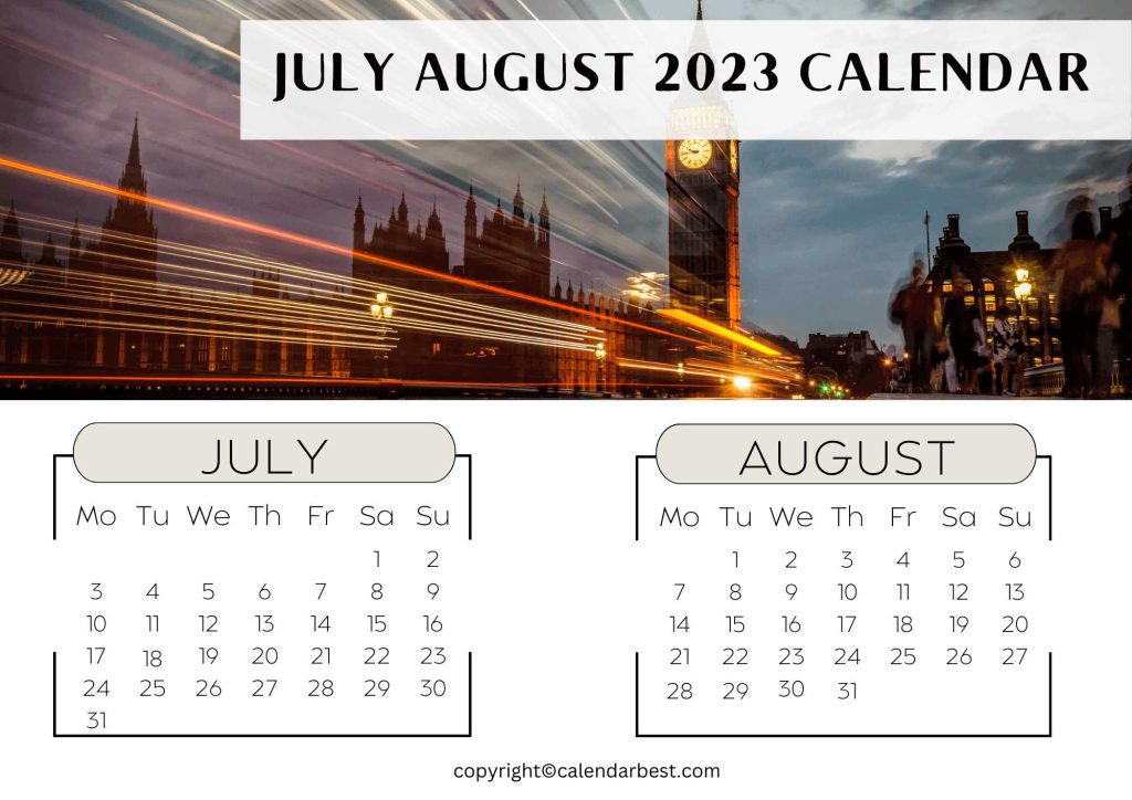 Free Printable July August 2023 Calendar