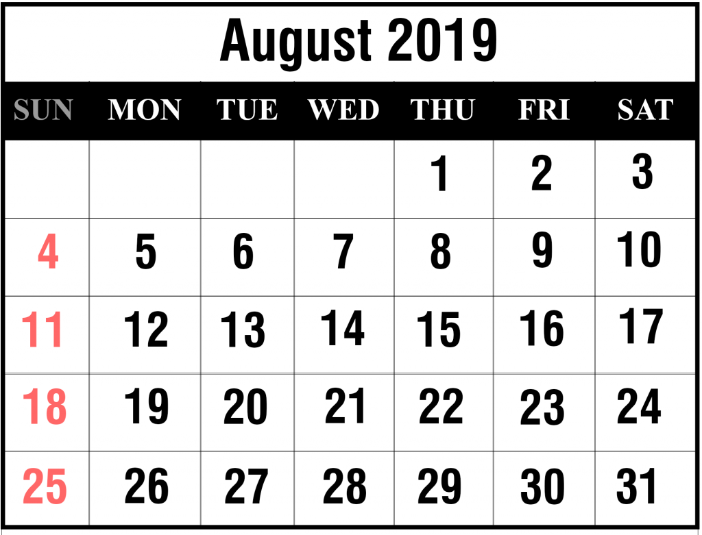 2019 August Excel Calendar Template