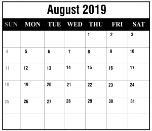 August Printable Calendar 2019