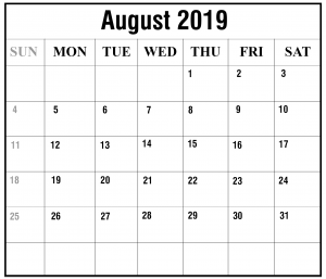2019 August Blank Calendar Template