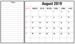 August Calendar 2019 in PDF