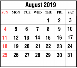 August 2019 Portrait Calendar Template