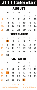 August September October 2019 Printable Calendar