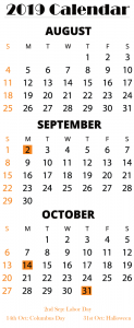 Download August September October 2019 Calendar