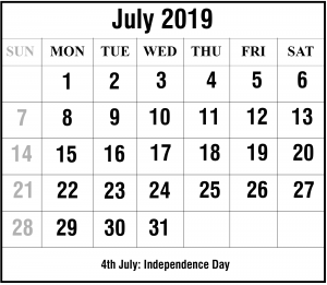2019 July Excel Calendar Template