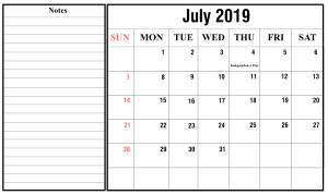 2019 July Blank Calendar Template
