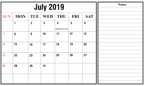 July 2019 Calendar Word Templates
