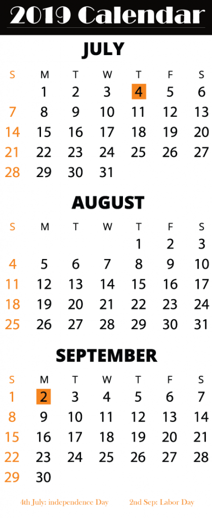 Free July August September 2019 Printable Calendar Templates Best