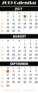Free July August September 2019 Calendar
