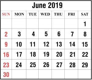 2019 June Excel Calendar Template