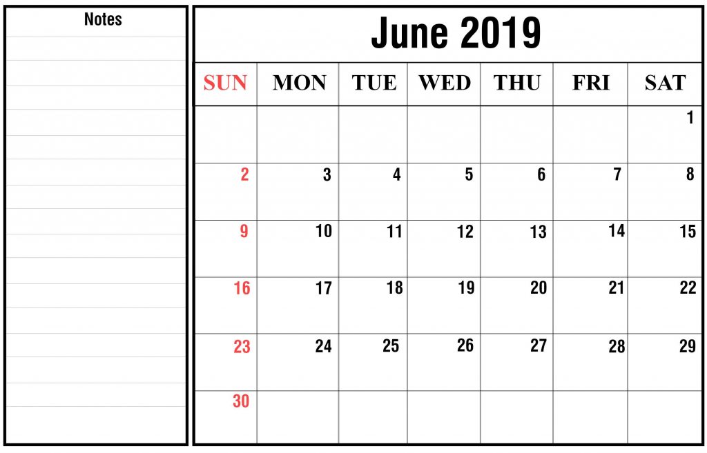 June Printable Calendar 2019