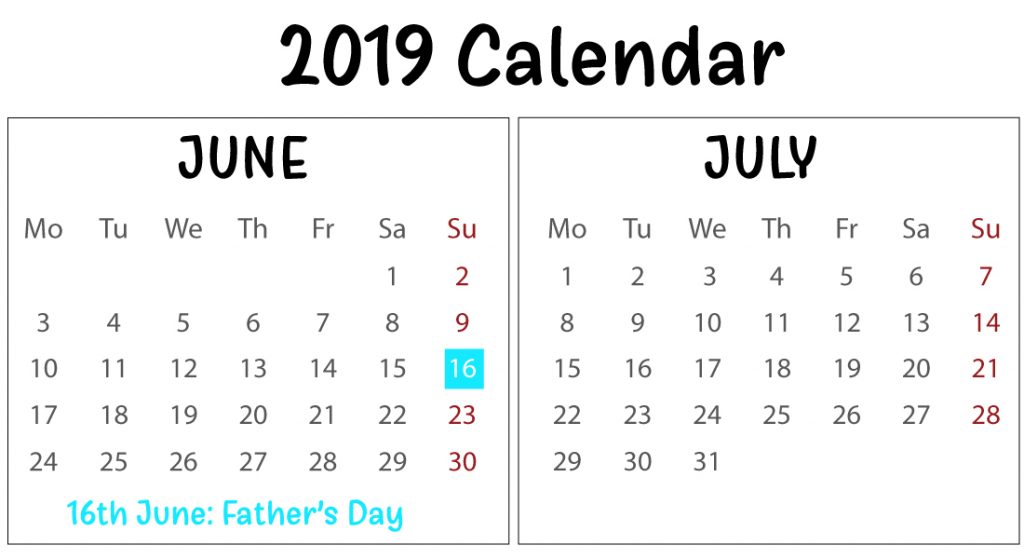 June July 2019 Printable Calendar