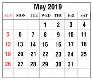 May Printable Calendar 2019