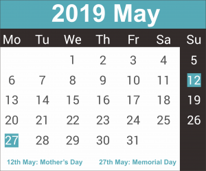 May Calendar 2019 in PDF